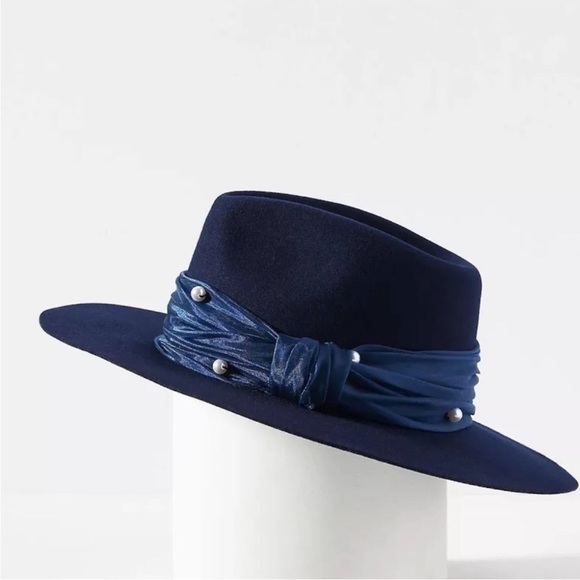 Anthropologie Lele Sadoughi Farrah Wool Pearl Rancher Hat New in Dust bag Blue